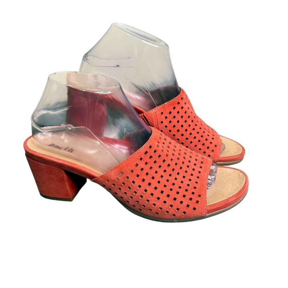 Earth Ibiza Bright Coral Perforated Slide Suede Sandals 2.5" Block Heel